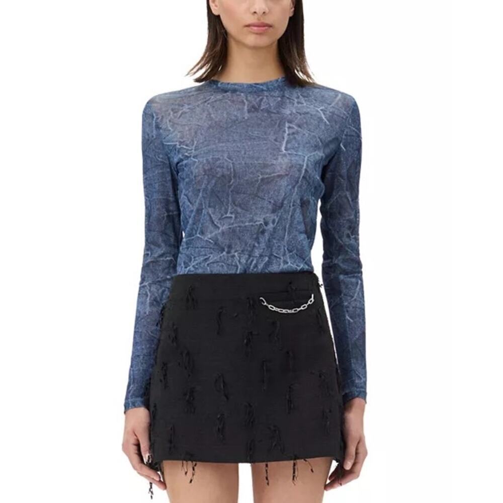 Ganni denim Printed Mesh Long Sleeve Blouse Small